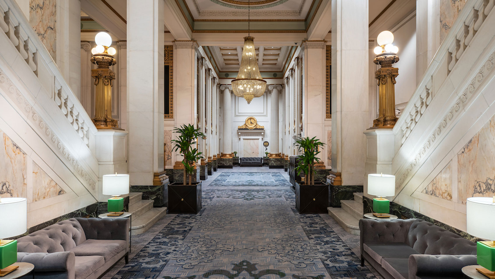 Kimpton Hotel Monaco Baltimore first floor entrance with view of chandelier
